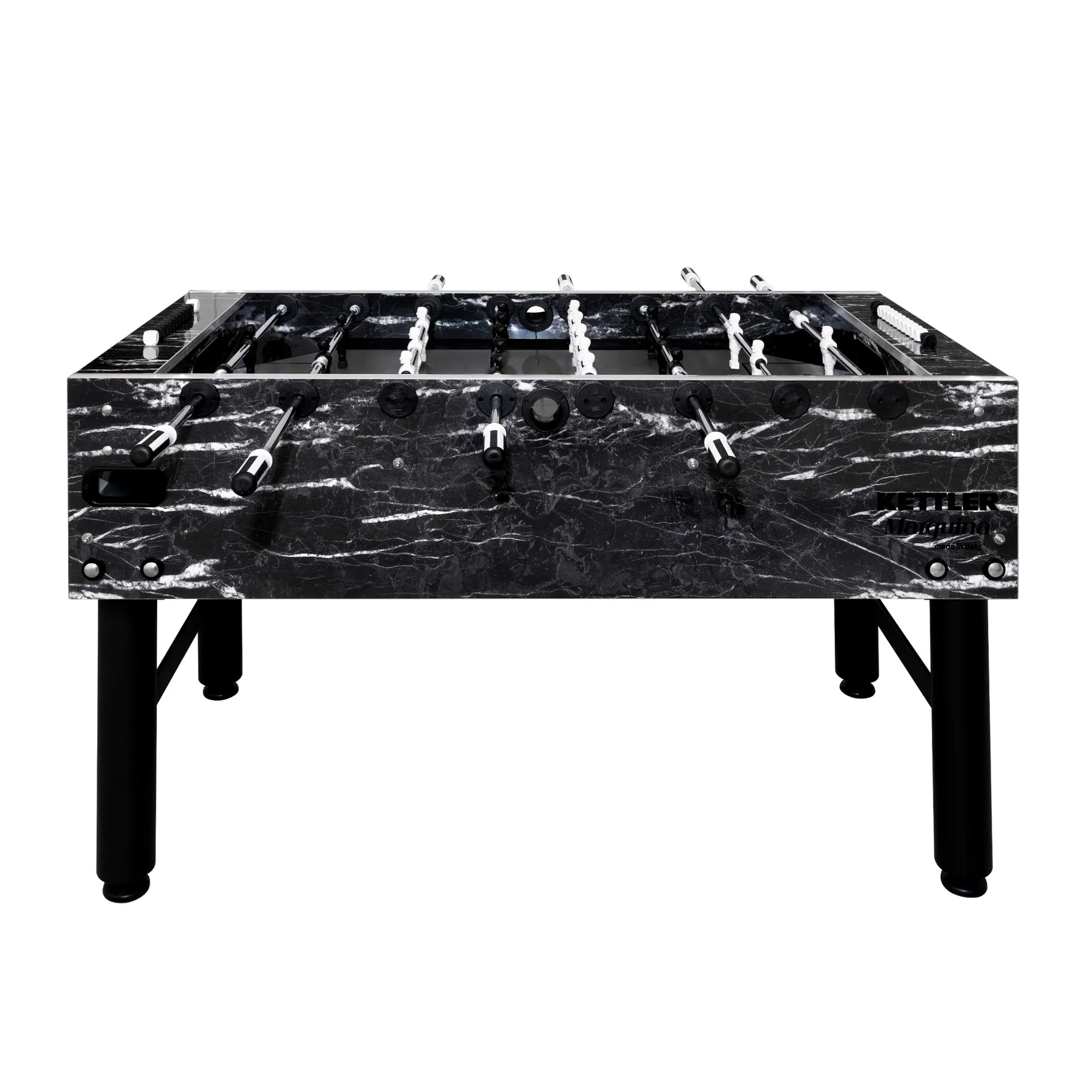 Marble-patterned foosball table on a white background