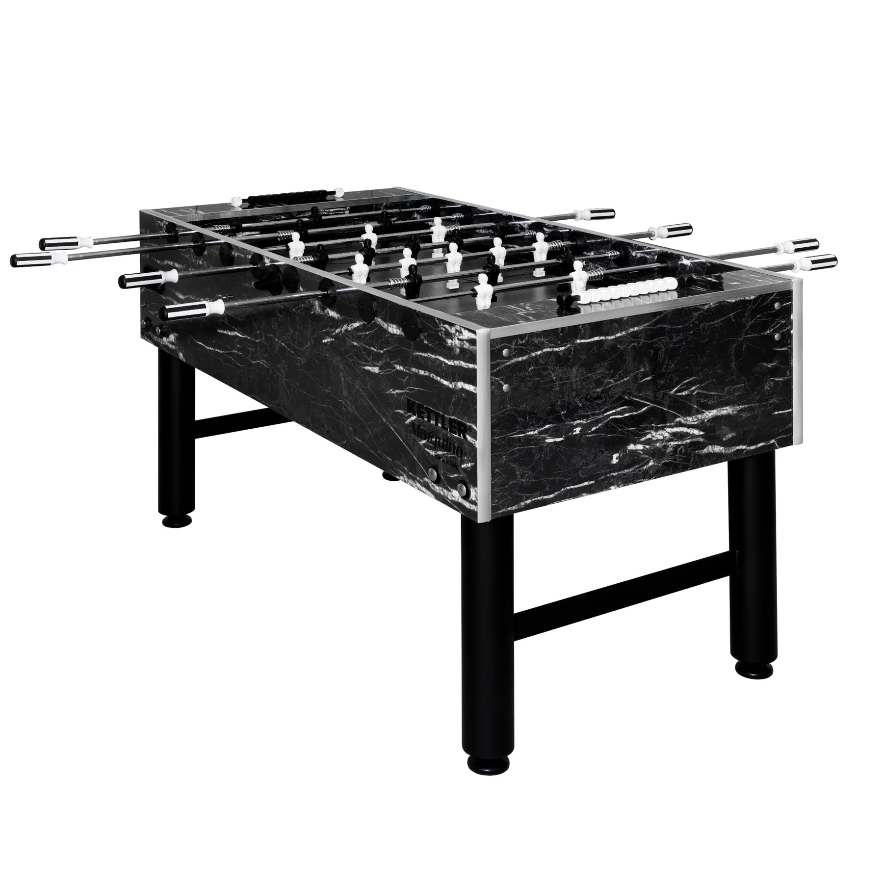 Foosball table with marble-like finish on a white background