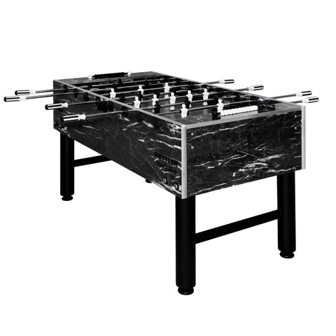 Foosball table with marble-like finish on a white background